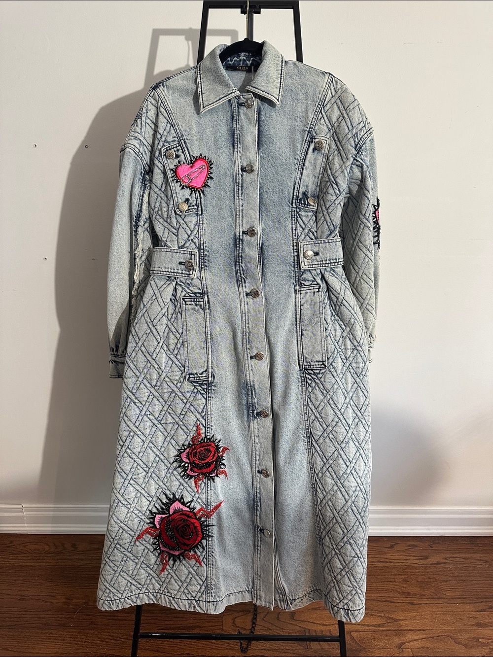 Long Light Blue Denim Coat with Pink Heart and Red Rose Embroidery